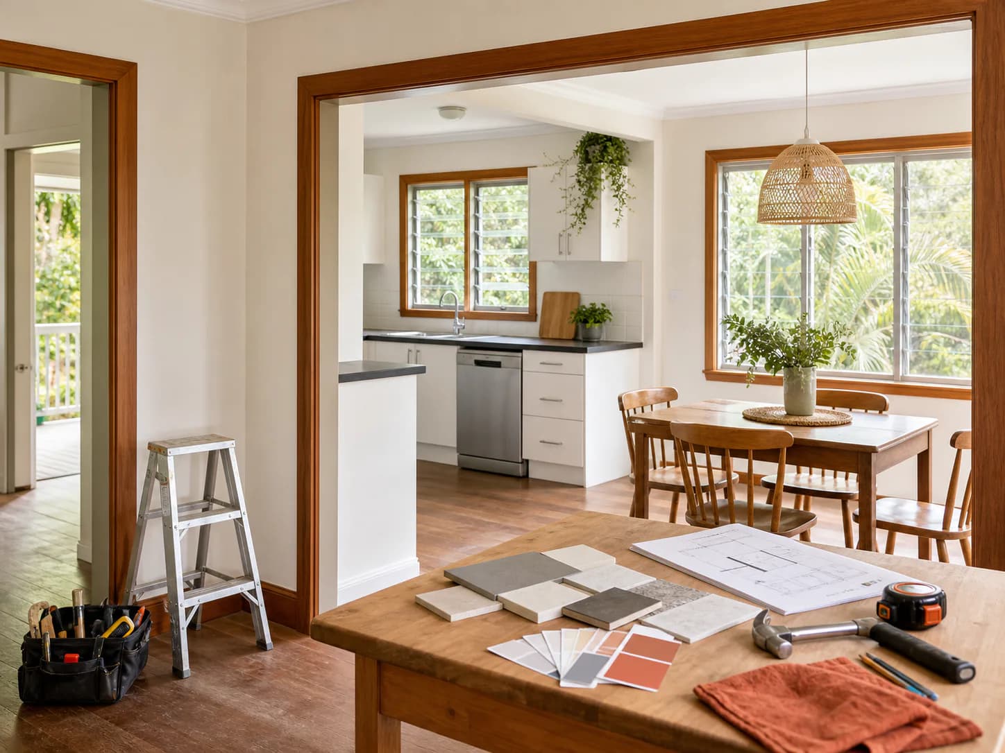 Warm timber-framed Brisbane home interior with renovation plans and material samples