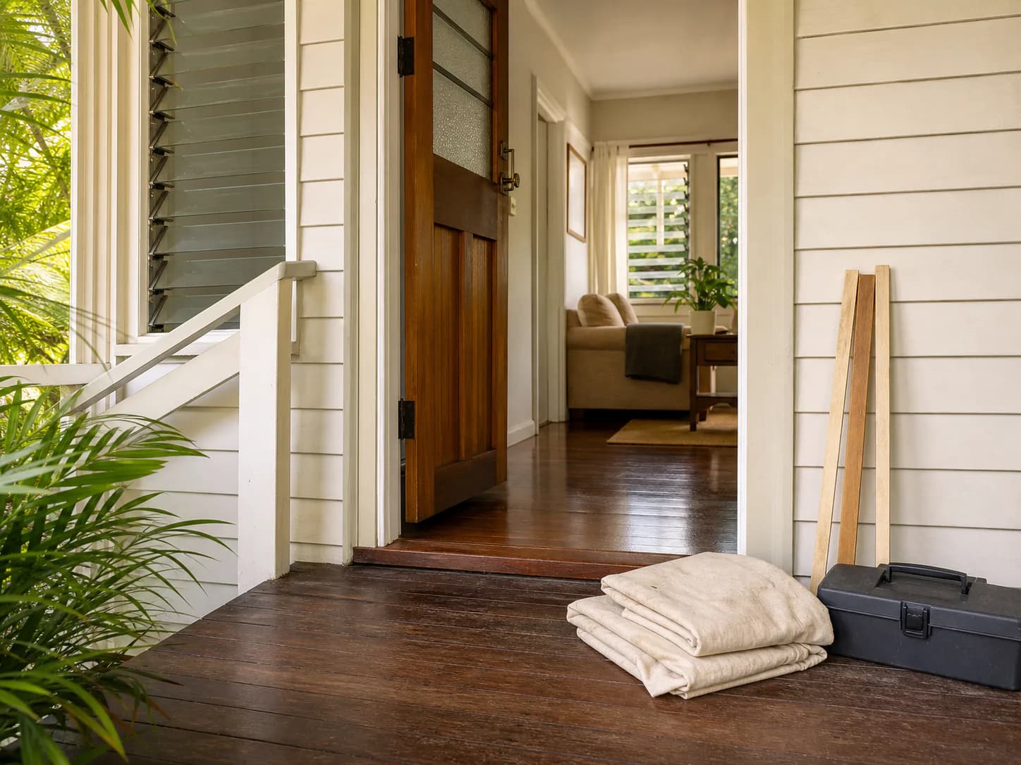 A warm Brisbane home threshold connecting a veranda with a practical renovated interior