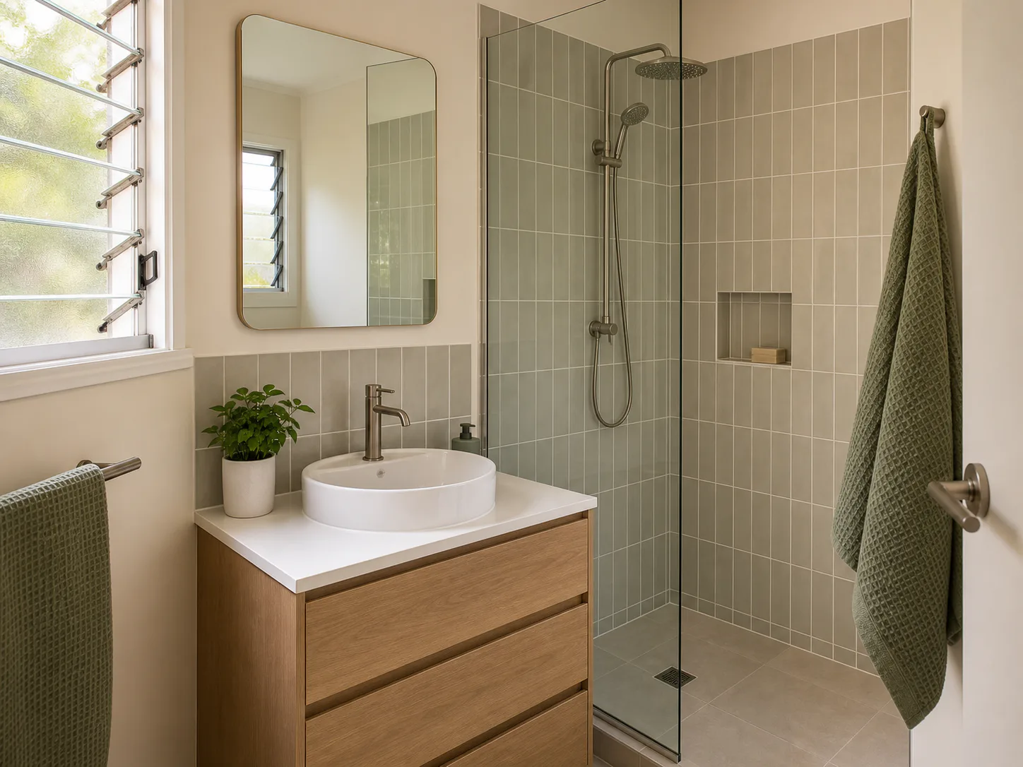 Wet-area wall tiles, grout lines and vanity junction details