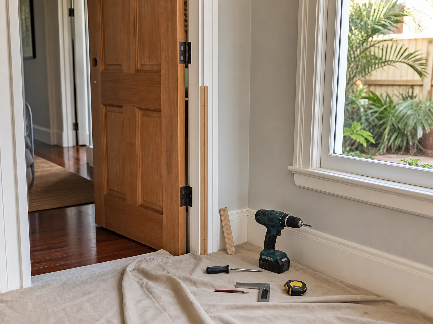 Interior door hardware, timber frame and painted window trim details