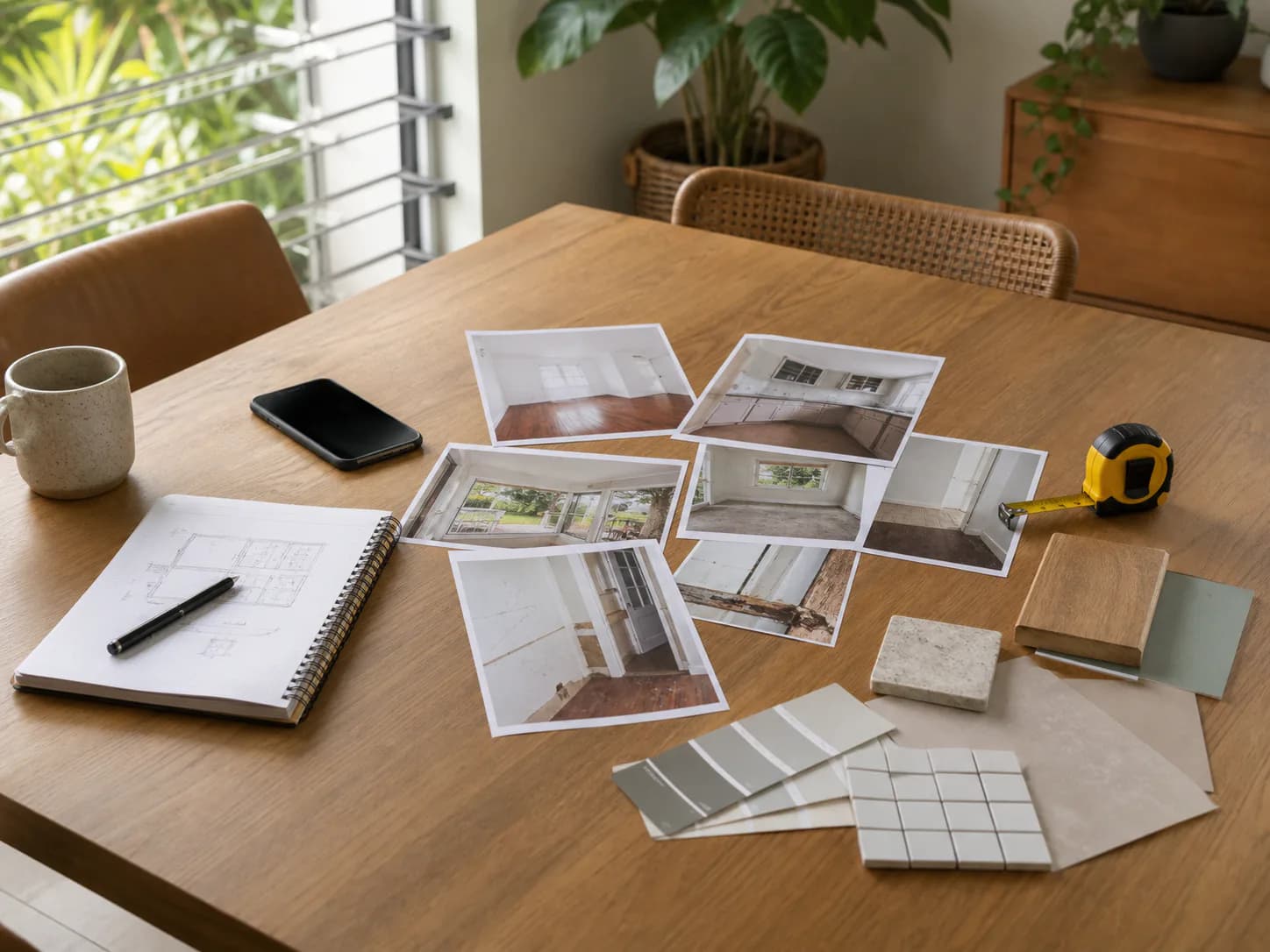 Renovation notes, room details and a tape measure prepared for an enquiry