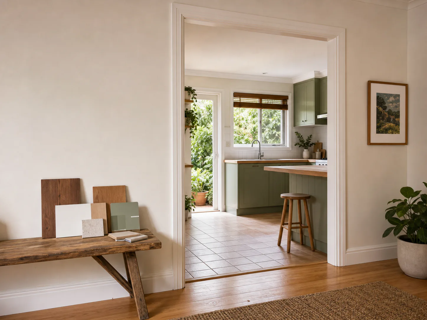 A practical Brisbane home interior showing kitchen, flooring, wall and timber-finish renovation contexts